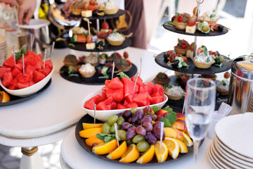 Close-up of the buffet table at the wedding exit ceremony.