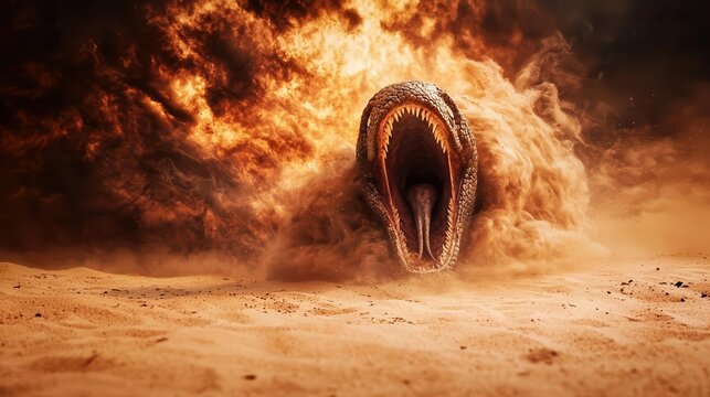 Giant sandworm emerging from the desert dunes, mouth wide open, dust storm swirling around the colossal creature