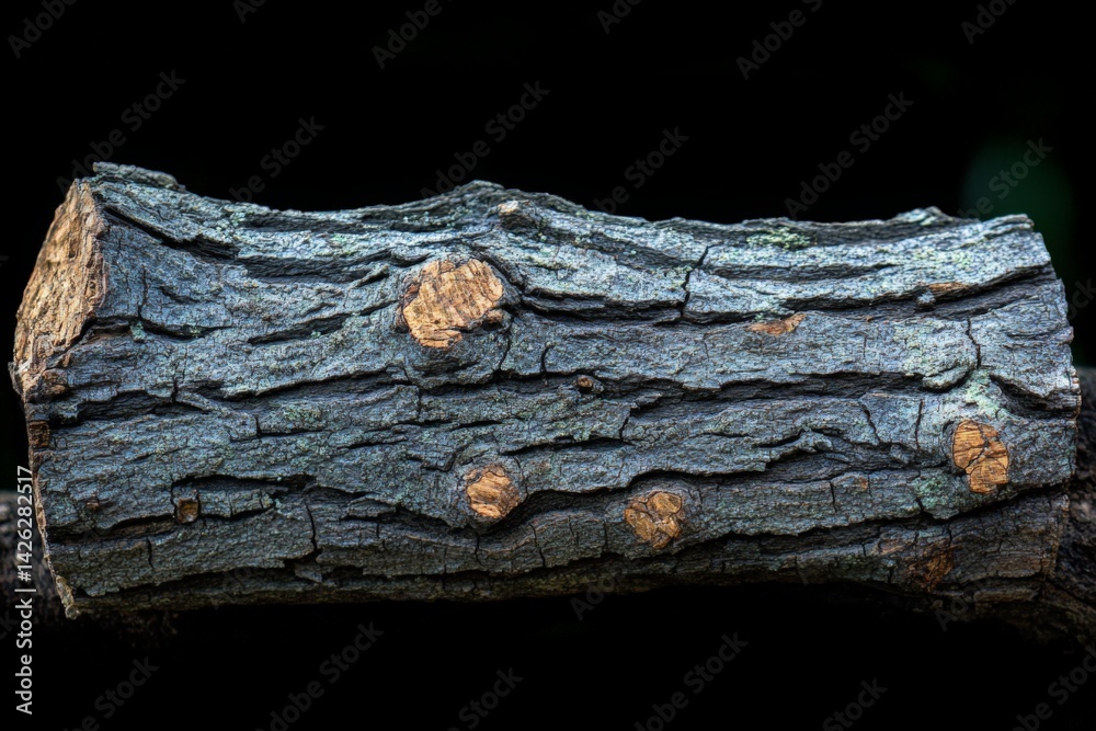 Poster Detailed close-up of a textured log showcasing rich bark patterns and knots found in a forest during a sunny day