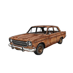Hand-drawn 2D pen sketch of a rusty old sedan car, isolated on transparent background. Vintage and detailed illustration, perfect for retro design, automotive art, or print use