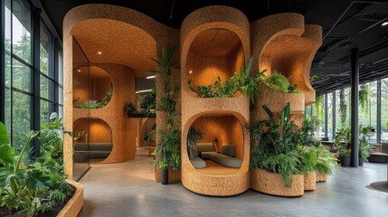 An office space featuring innovative decor made from recycled materials, including glass walls and cardboard furniture 
