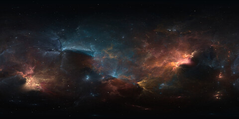 360 degree space nebula. Giant interstellar cloud with stars, equirectangular projection, environment map. Spherical panorama. 3d illustration