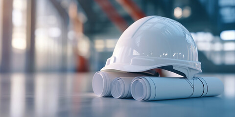 crisp white helmet rests on three rolled blueprints, symbolizing safety and planning in construction. background features modern workspace, enhancing professional atmosphere