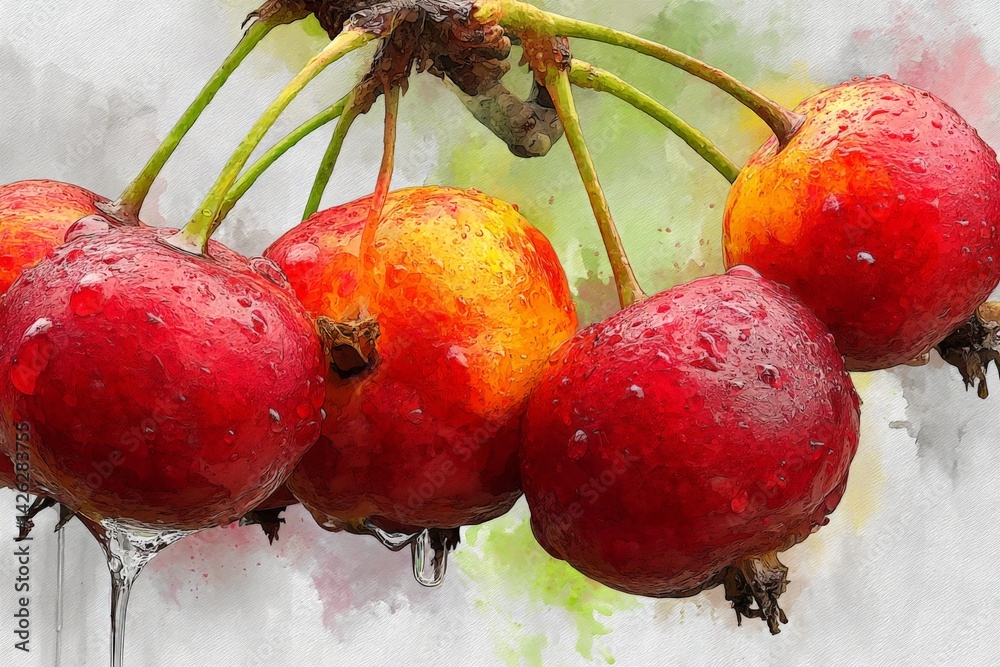 Poster Fresh red apples with water droplets on them hanging from a branch in a lush garden setting