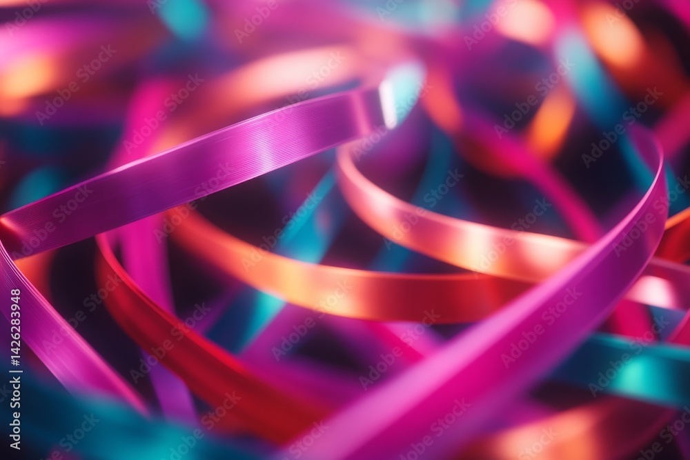 Poster Bright neon ribbons swirl in fluid motion against a dark background, creating an enchanting composition. The design features an area for text or other elements