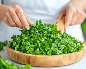 Woman's hands chopping fresh parsley in wooden bowl