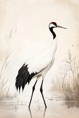 Fototapeta premium A highly detailed vintage scientific illustration of an crane bird, in the style 19th century ornithological print, naturalistic pose, fine feather texture, soft pastel background with wetland scenery