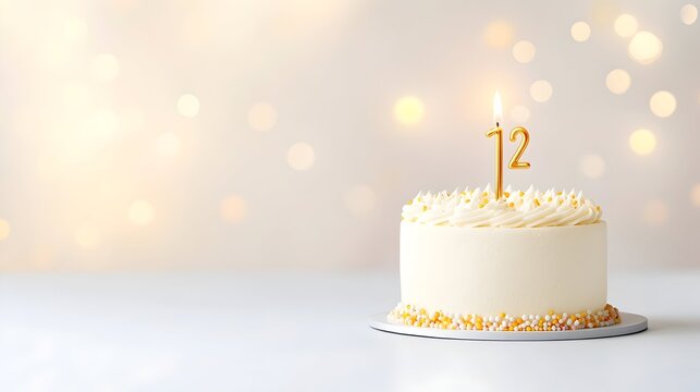 A small, white birthday cake with a lit candle showing the number twelve, against a bokeh background