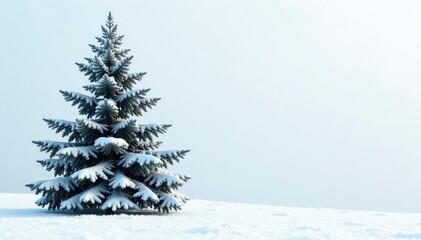 Tall spruce tree isolated on white snow-covered background with frosty texture, winter, frost, tree