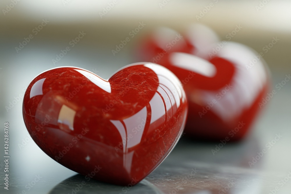Aufkleber shiny red hearts made of stone displayed on a smooth surface in soft natural light