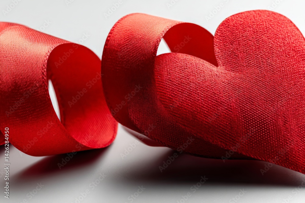 Poster red ribbon curls around a heart-shaped decoration showcasing love and elegance in a simple display