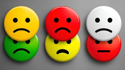 Colorful Buttons Displaying Various Sad and Neutral Emotions on a Textured Gray Background
