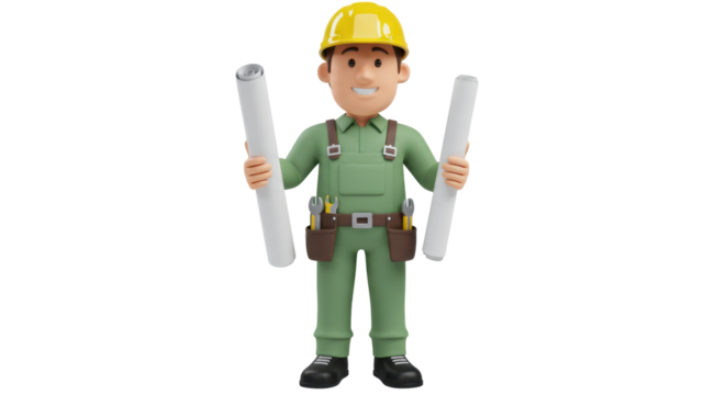 Construction worker holding blueprint rolls cartoon
