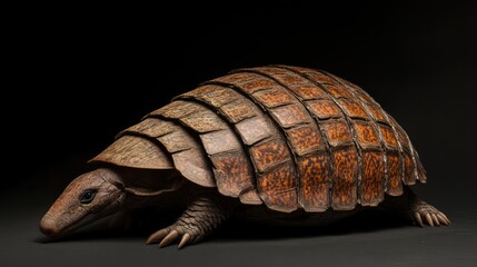 Fototapeta premium Three-banded armadillo walking, dark background, wildlife photography, nature stock