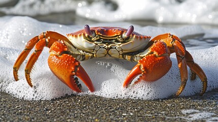 Coastal Exploration - Crab Walking Among Sea Foam Delights on Shoreline