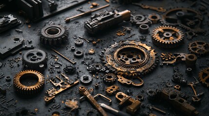 A collection of antique machinery parts, coated in grime.