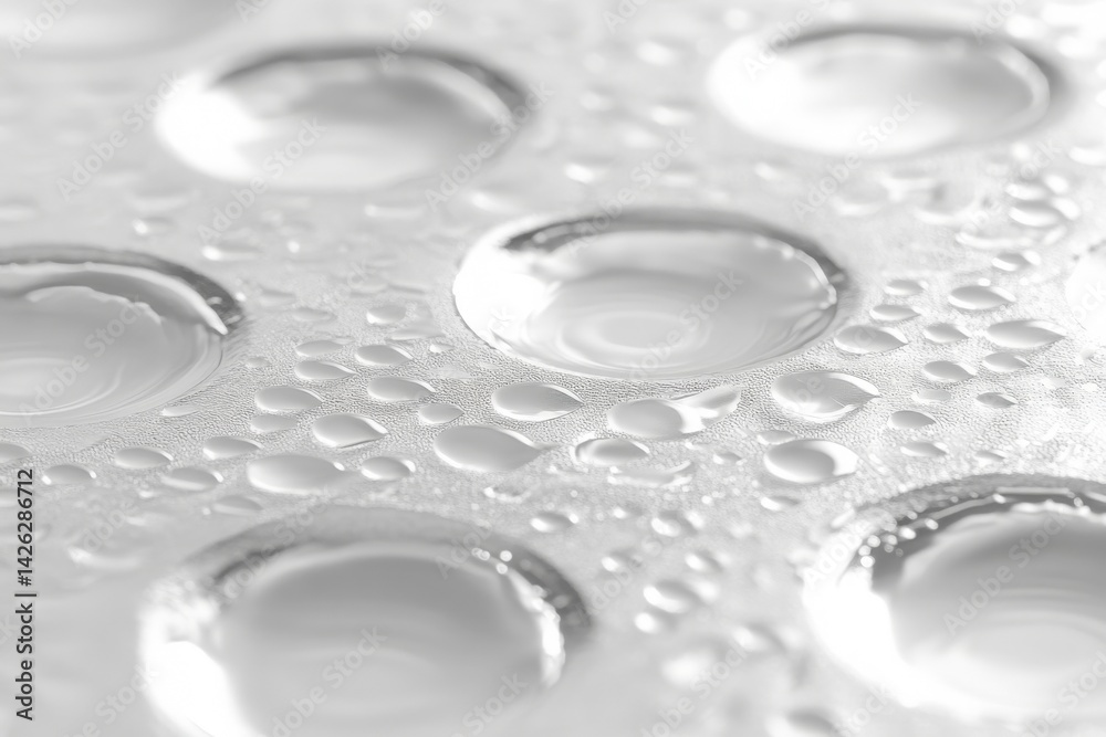 Poster Droplets of water on a smooth surface create a captivating visual effect in a close-up shot taken during daylight