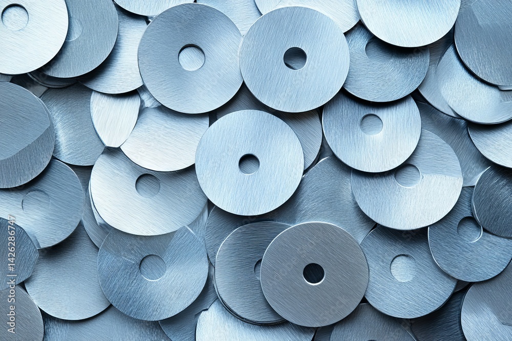 Poster Metal discs arranged closely on a flat surface showcasing various sizes and textures in a workshop environment