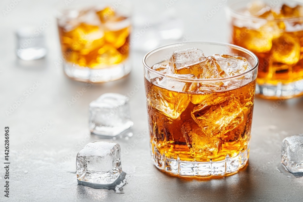 Poster refreshing drinks served with ice cubes at a social gathering during the afternoon