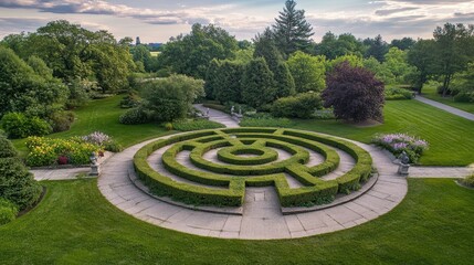 Decorative hedge maze in a formal park setting viewed from above
