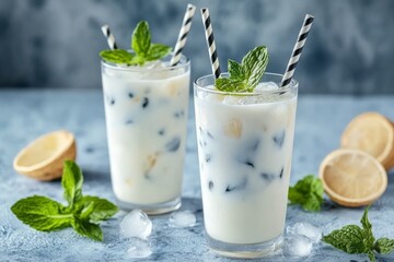 Refreshing mint drinks served in transparent glasses with ice and striped straws on a blue background