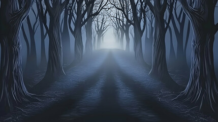 Mysterious fog-shrouded path through leafless trees in a dark forest, ideal for Halloween or fantasy settings
