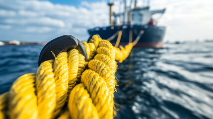 Obraz premium Powerful winch system aboard an ocean freighter, yellow mooring rope glistening from recent use, tension visible as vessel secures to harbor bollard