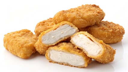 Golden crispy chicken nuggets, Juicy white meat, Deep-fried breading, Pile of fast food, Crunchy texture, Comfort food, Studio lighting, White background