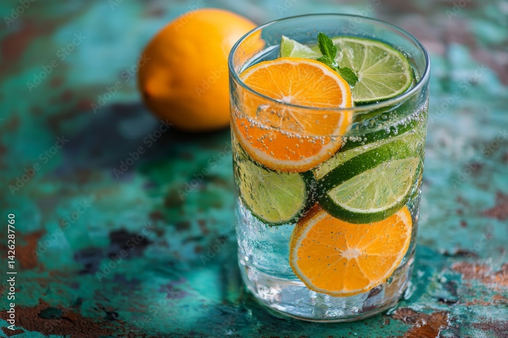 Aufkleber refreshing citrus drink with sparkling water and fresh fruit on a rustic table