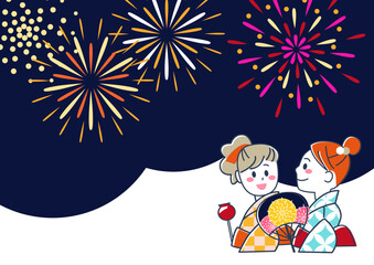 夏祭り・花火を見る浴衣の若い女性の壁紙素材