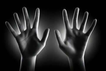 Obraz premium Hands Raised Against Dark Background With Soft Light Illuminating Textures And Expressions Of Openness And Surrender