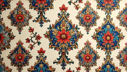 Intricate floral damask textile repeat, elegant vintage design, seamless, retro