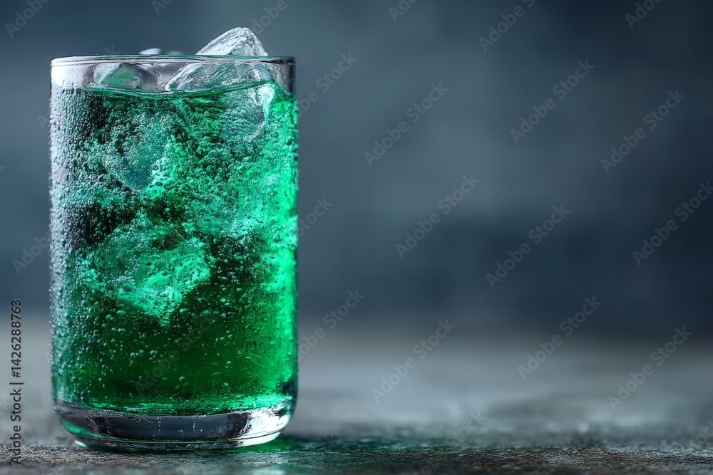 Aufkleber refreshing green soda served with ice in a clear glass on a textured surface in a dimly lit atmosphe