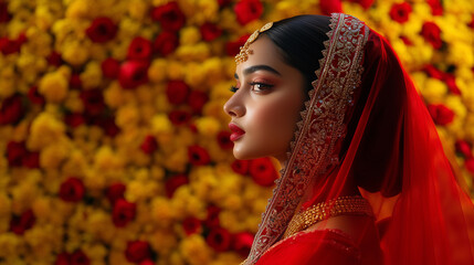 Softly lit Indian woman in traditional red bridal sari, armful of bangles and fine gold jewelry, side profile highlighted against a vivid marigold-and-rose flower wall