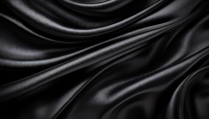 Striking Black Waves of Wavy Satin Silk Fabric in an Abstract Artistic Composition, Projecting Dramatic and Mysterious Energy with Rich Textures, Inviting Viewers to Explore the