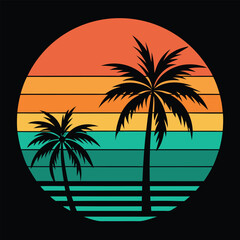 A tropical beach sunset silhouettes a lone figure near palm trees under a vibrant summer sky