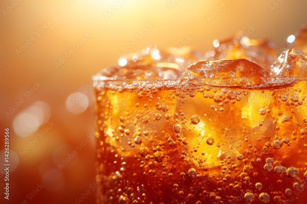 Aufkleber refreshing soda served over ice with colorful bubbles in a vibrant setting during golden hour