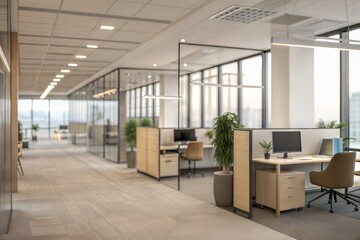 Blurred office interior with an open-space design, creating a soft and neutral background. (Background)
