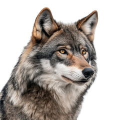 Fototapeta premium Wolf portrait showcasing detailed fur and expressive eyes set against a plain background in a natural light environment