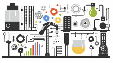 Robotic arm analyzing data in a lab, gears and scientific equipment background, for technology or industry reports