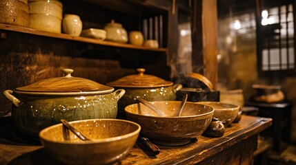 Glossy ceramic bowls and ladles resting next to a hot pot of Chanko Nabe full of rustic charm