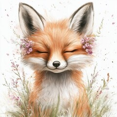 Obraz premium Watercolor Fox Portrait with Floral Crown