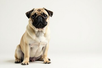 Adorable pug dog sits alone, white background, isolated, puppy