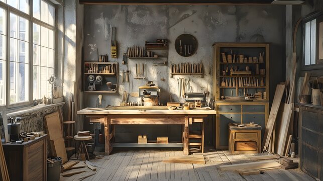 A woodworking studio with tools, sawdust, and half-finished projects