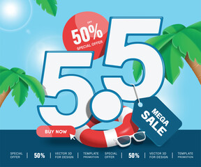 Mega sale the fifth day of the fifth month ,Blue white number 5.5 and red 50% off promotion sign placed on sunny background with coconut trees and summer atmosphere, vector 3d illustration for design