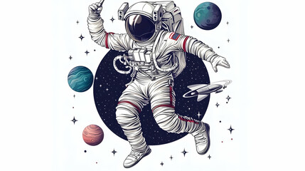 Dancing astronaut in space, planets background, cosmic exploration, for science education