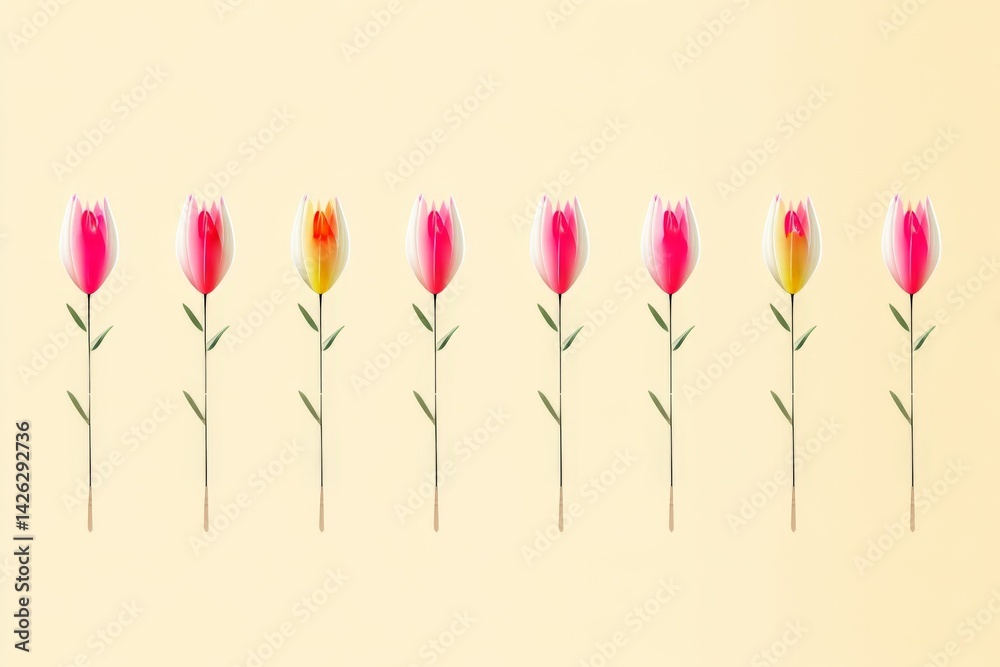 Poster colorful tulips arranged in a line against a soft yellow background during springtime