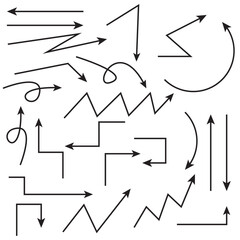 Set of hand drawn arrows element vector, Collection of doodle arrows, lines, symbol, pointing mark icons, Set simple arrows isolated on white background.