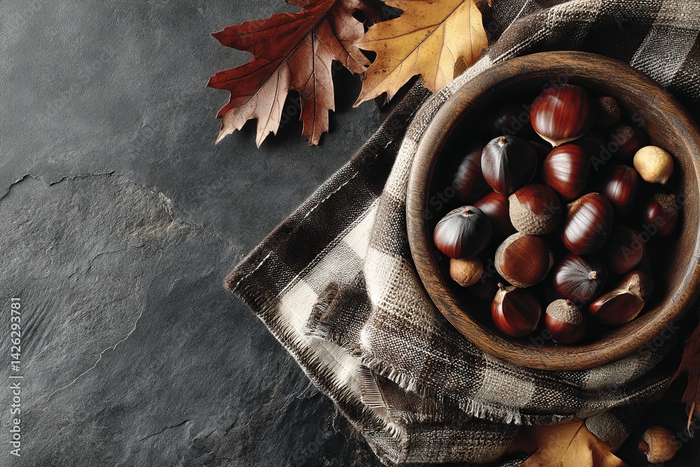 Aufkleber Gathering chestnuts in autumn featured with maple leaves on a rustic table setting