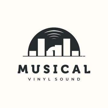 Music City Vintage logo vector minimalist illustration design, Vinyl with Vinyl and Skyline Symbol design